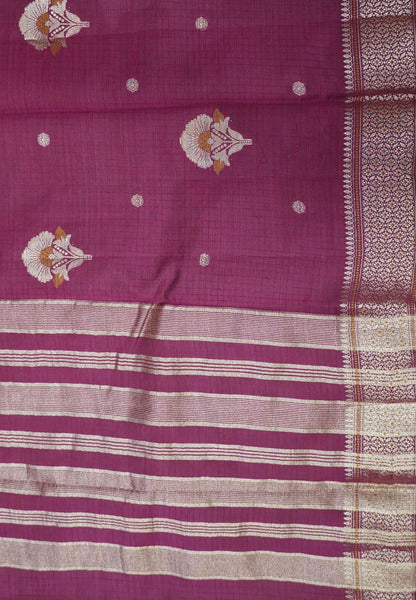 Semi Tussar Saree-Wine with Floral Zari Motif