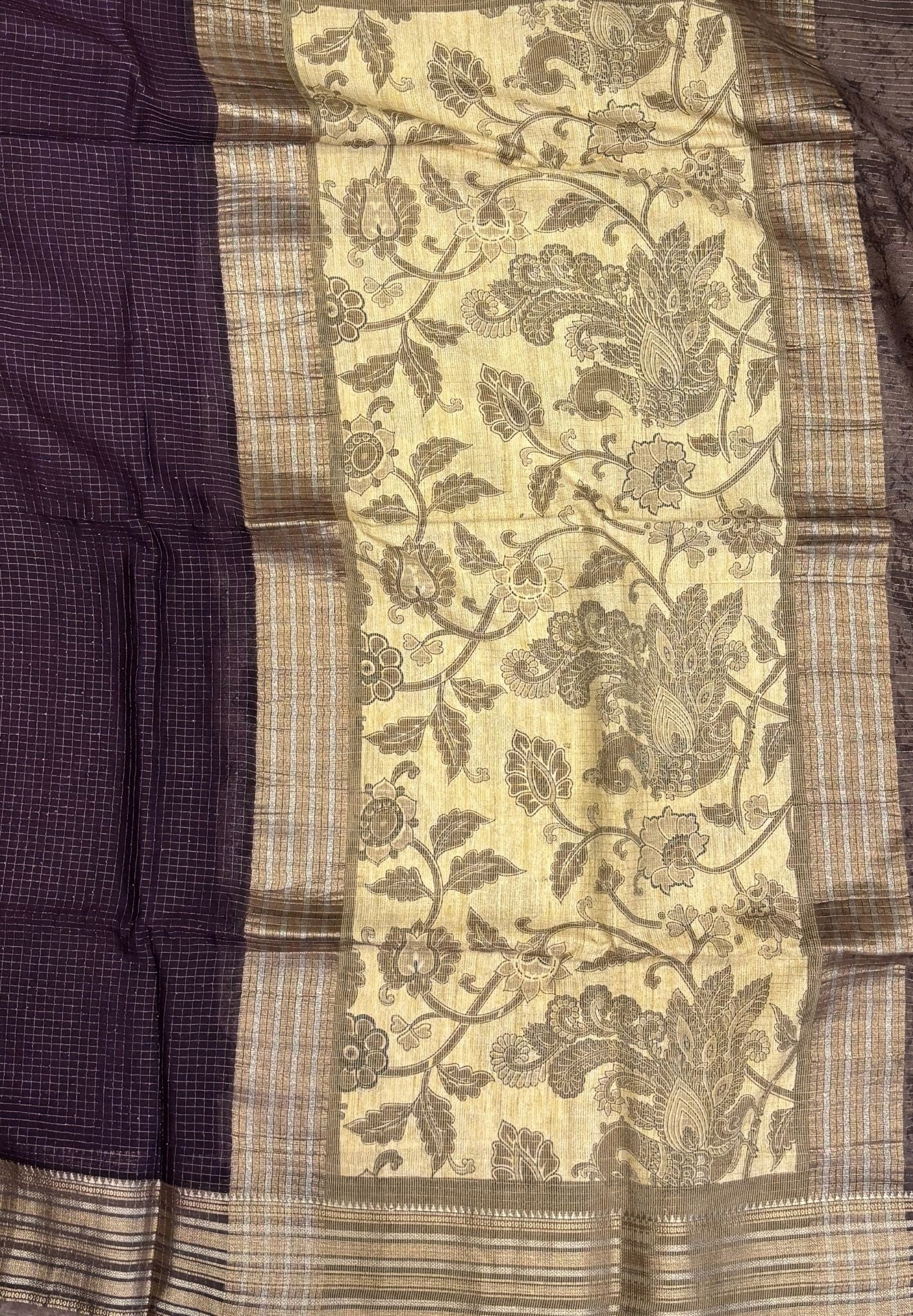 Muslin Tussar Saree-Purple In Floral Vine Border
