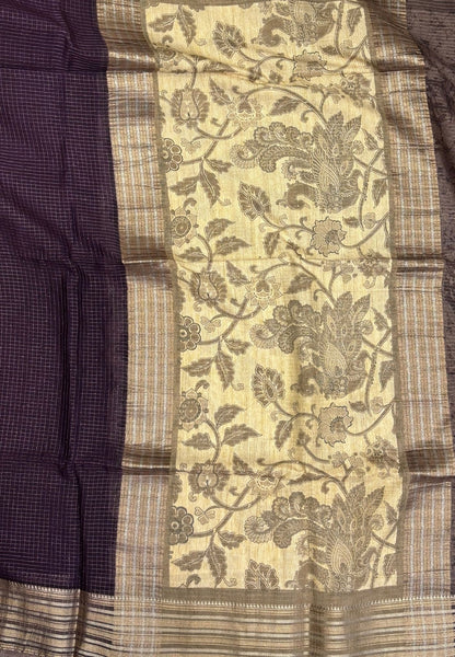 Muslin Tussar Saree-Purple In Floral Vine Border