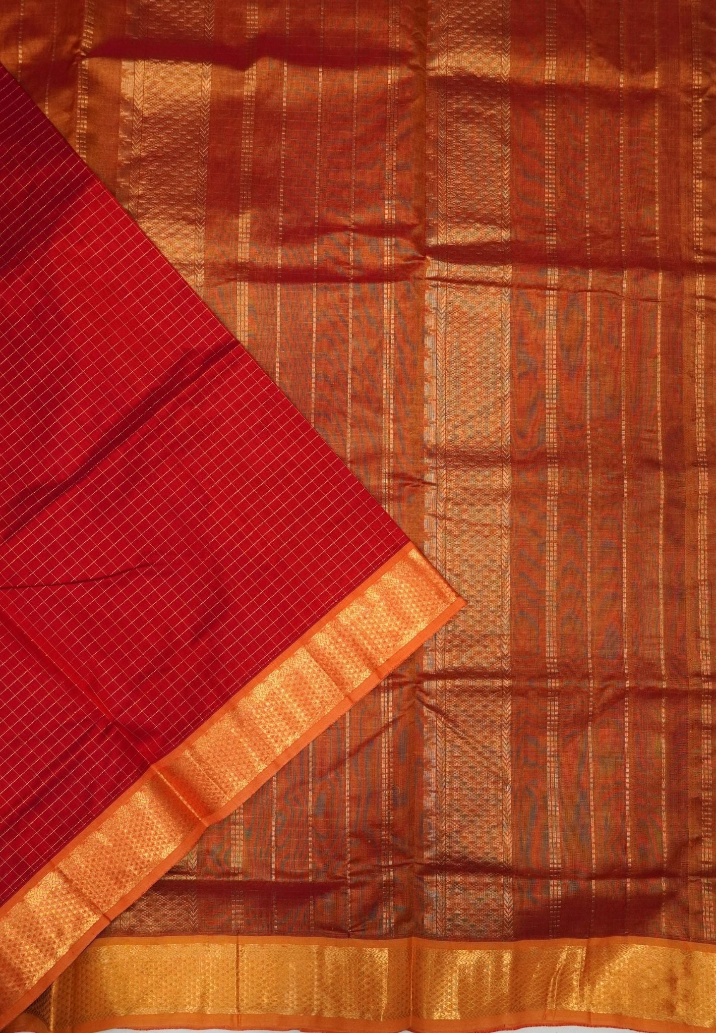 Pure Silk Cotton Saree-Red in Mini Checks with Contrast Border