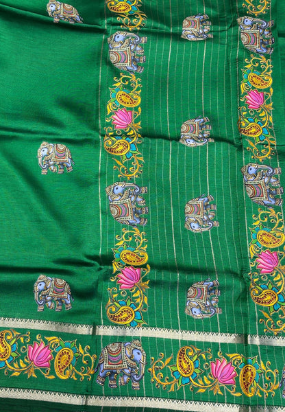 Pure Mangalgiri Silk Saree-Green Rettapet with Tanjore Print