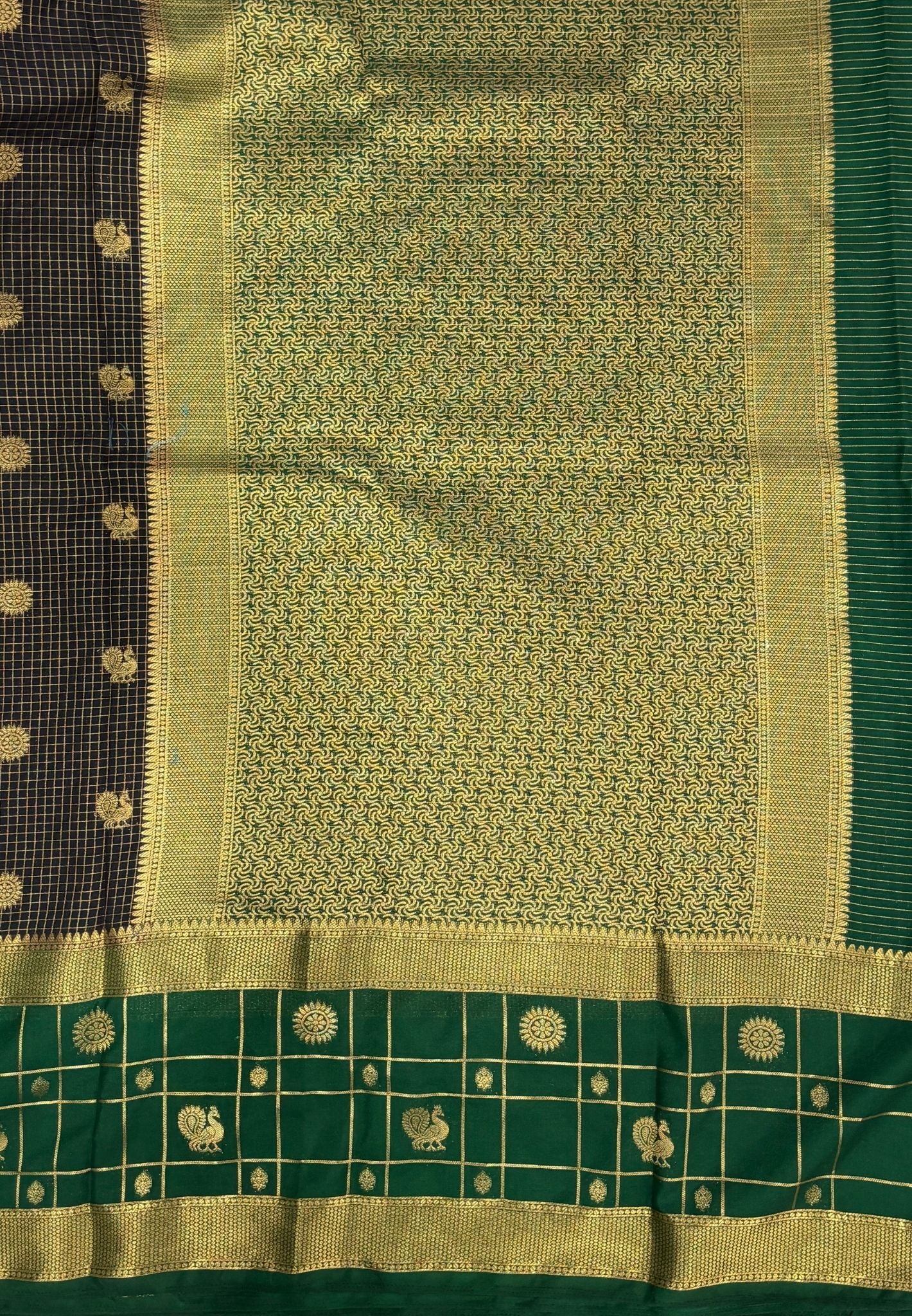 Art Mysore Silk Saree-Black in Checkered Pattern with Contrast Border