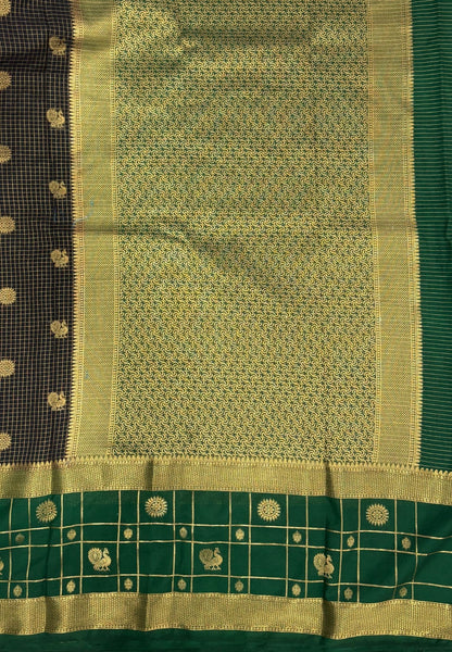 Art Mysore Silk Saree-Black in Checkered Pattern with Contrast Border