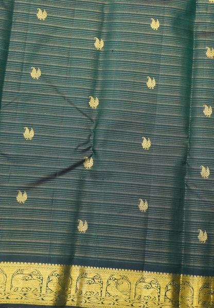 Pure Kanchipuram Silk Saree-Bottle Green Vairaoosi with Peacock Butta and Border