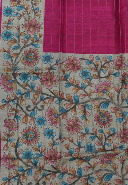 Semi Tussar Saree-Dark Pink