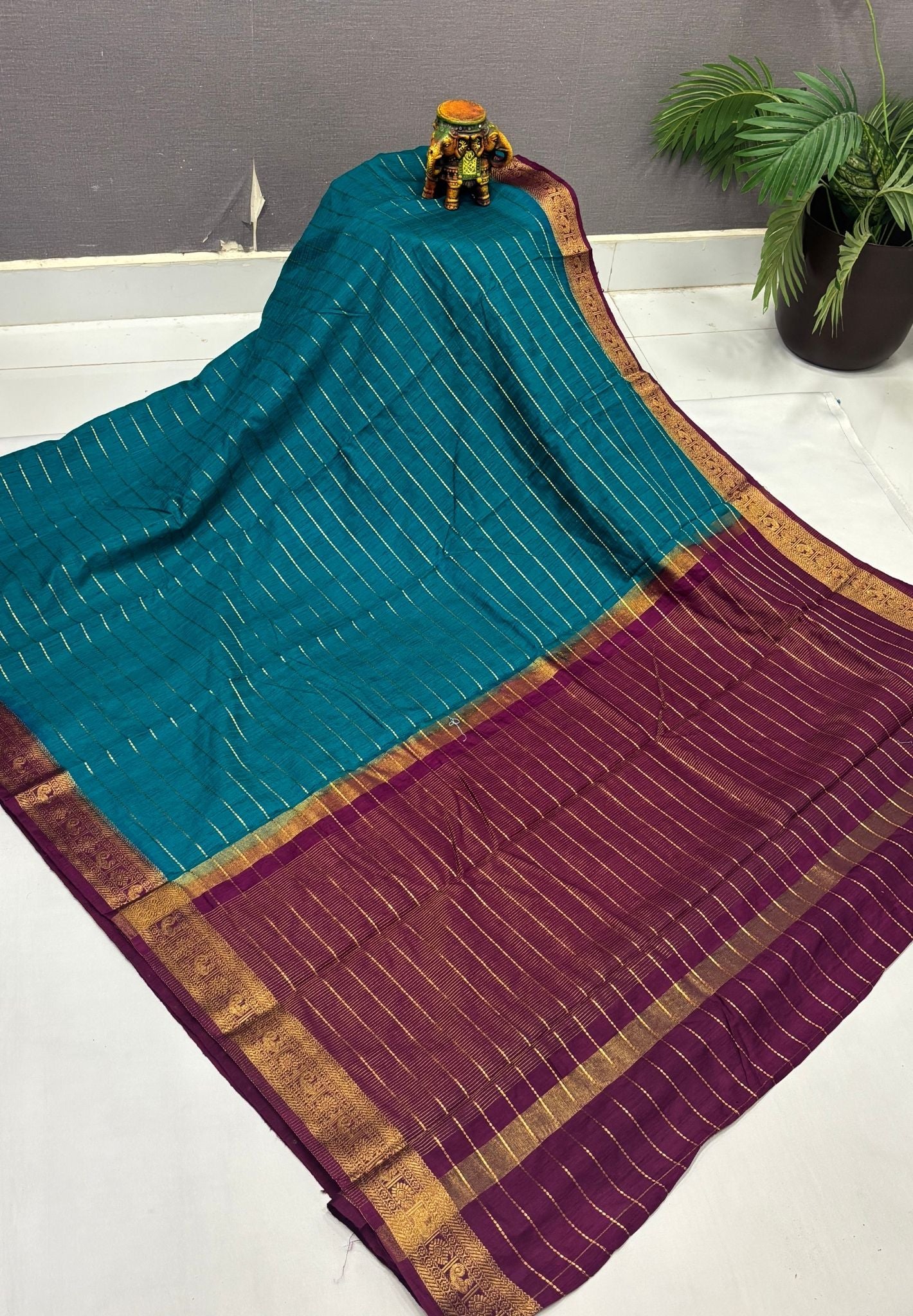 Semi Raw Silk Saree-Ramar Blue in Zari Lines with Contrast Annam Border