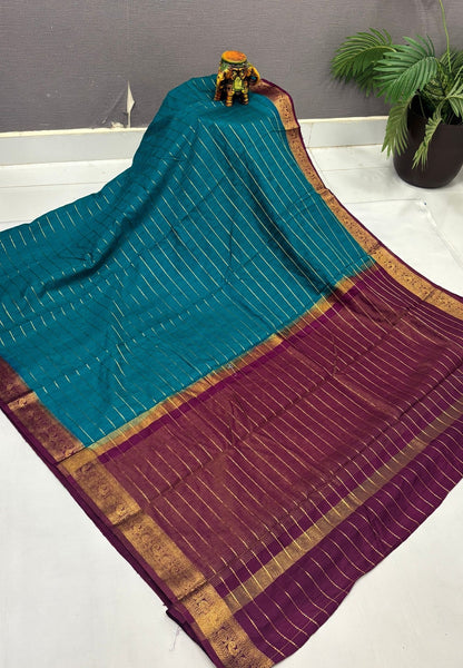 Semi Raw Silk Saree-Ramar Blue in Zari Lines with Contrast Annam Border
