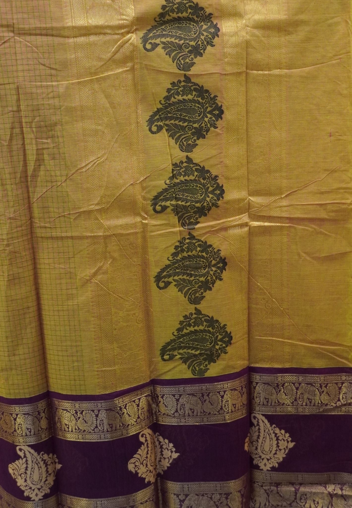 Chettinad Cotton Saree–Green-Wine With Elephant & Peacock Zari Border