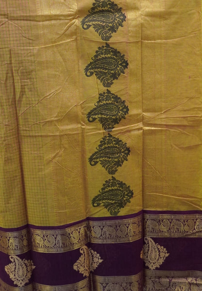 Chettinad Cotton Saree–Green-Wine With Elephant & Peacock Zari Border