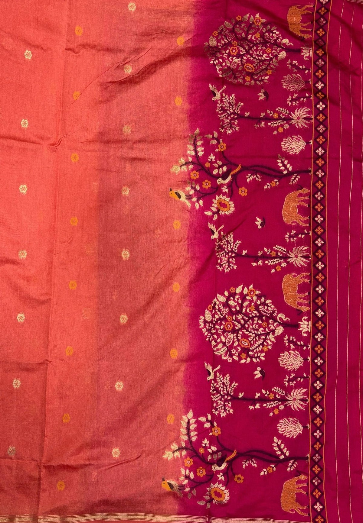 Gaji Silk Saree-Peach In Warli Tree & Elephant With Contrast Border