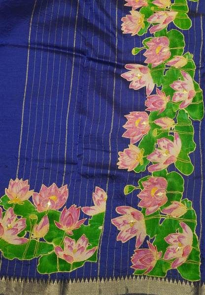 Pure Mangalgiri Silk Saree-Blue with Aplique Work