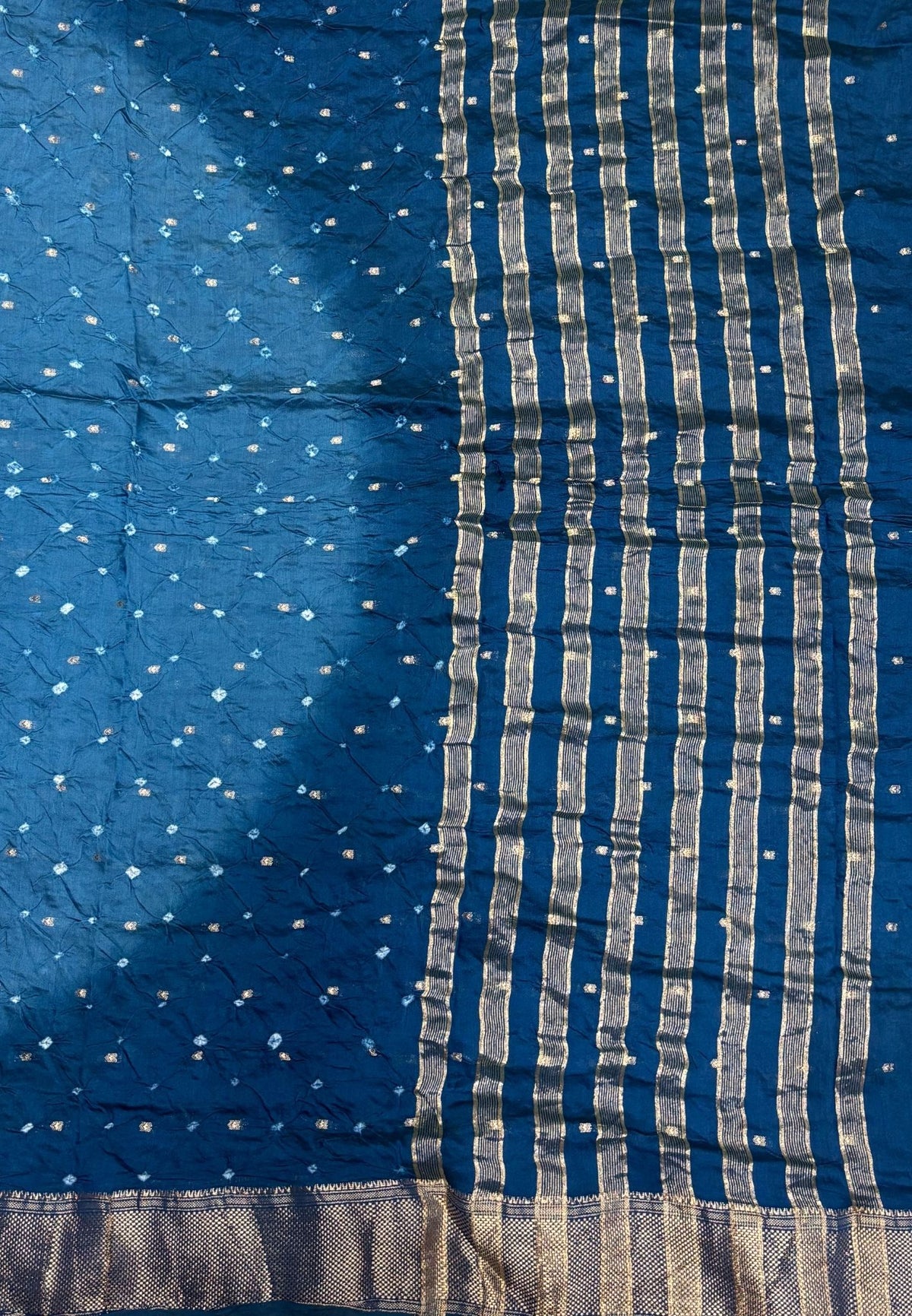 Banarasi Bandeji Saree-Peacock Blue in Horizontal Stripe Zari Border
