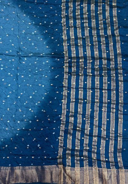 Banarasi Bandeji Saree-Peacock Blue in Horizontal Stripe Zari Border