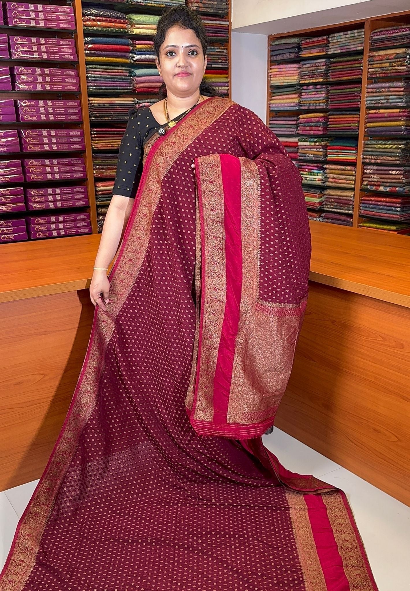 Banarasi Georgette Saree-Tone of Maroon with Retapet Border