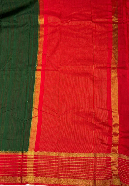 Raw Silk Saree-Dark Green With Contrast Border