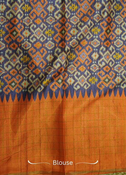 Semi Tussar Saree – Orange & Voilet Checks Design