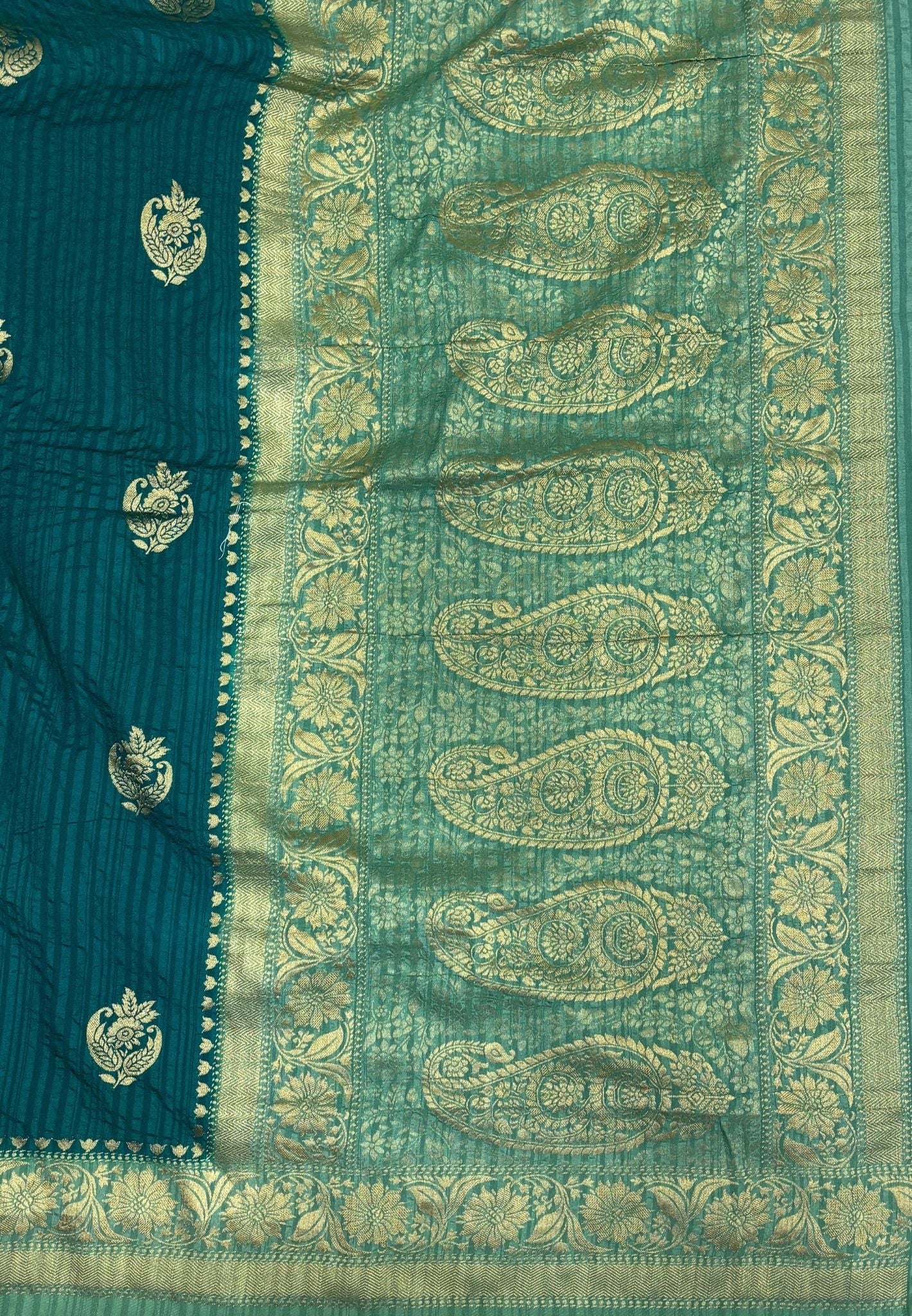 Banarasi Georgette Saree-Ramar Green In Floral Paisley Zari Border