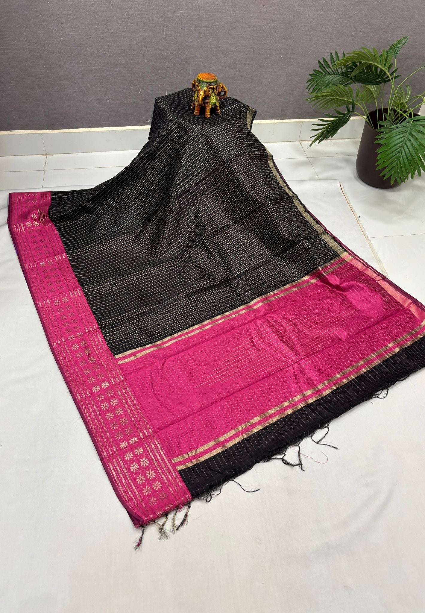 Raw Silk Saree-Black in 1000 Butta with Contrast Zari Border