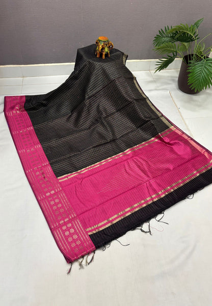 Raw Silk Saree-Black in 1000 Butta with Contrast Zari Border