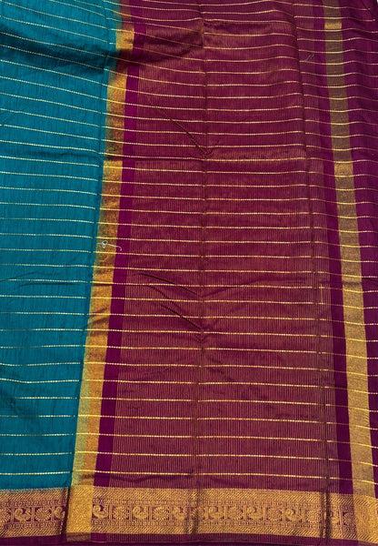 Semi Raw Silk Saree-Ramar Blue in Zari Lines with Contrast Annam Border