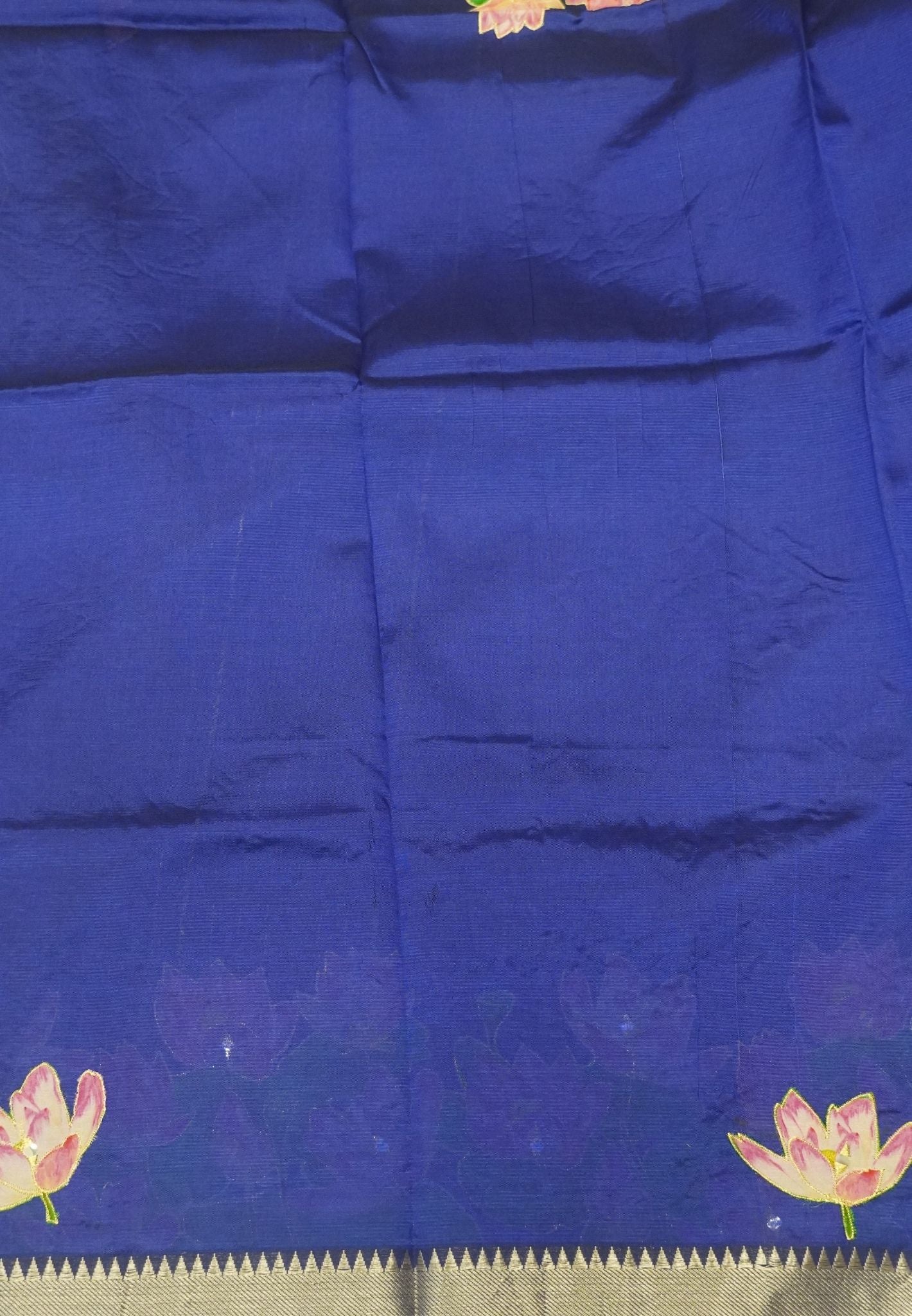 Pure Mangalgiri Silk Saree-Blue with Aplique Work