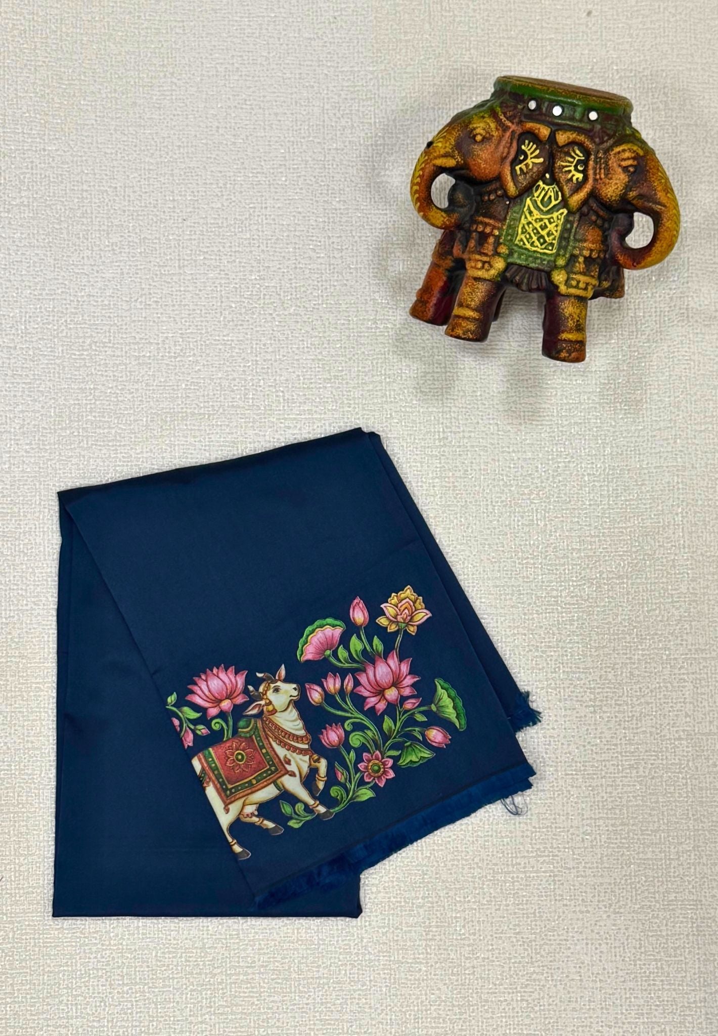 Mangalgiri Silk Blouse-Space Blue in Tanjore Print