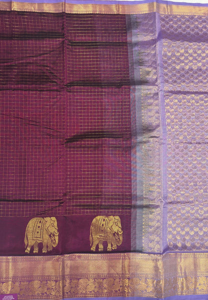 Pure Silk Cotton Saree – Wine Purple with Contrast Lavender Gaja Butta & Rich Zari Border