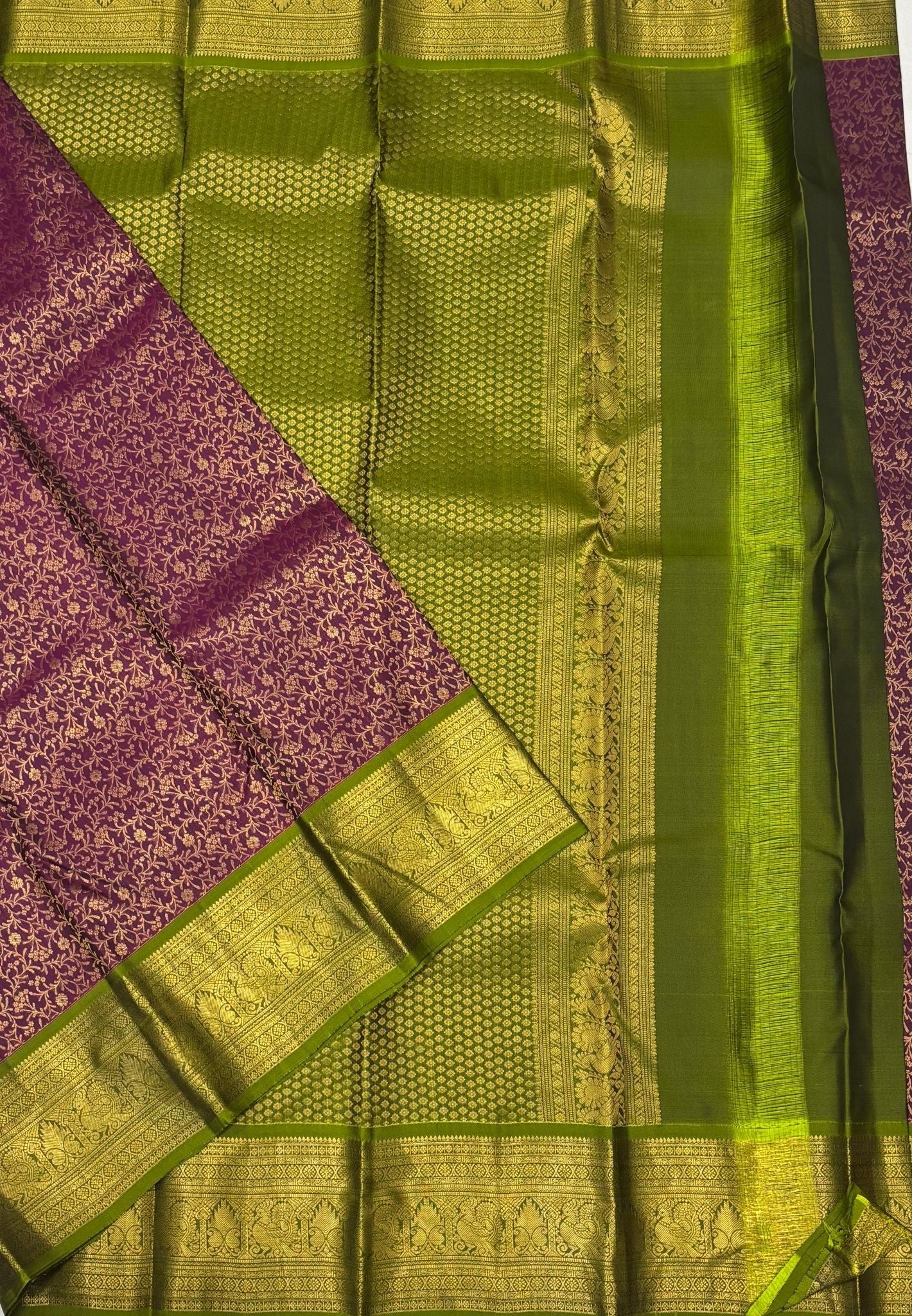 Pure Kanchipuram Silk Saree-Olive Green with Contrast Border