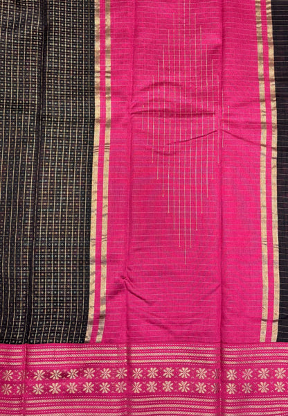 Raw Silk Saree-Black in 1000 Butta with Contrast Zari Border