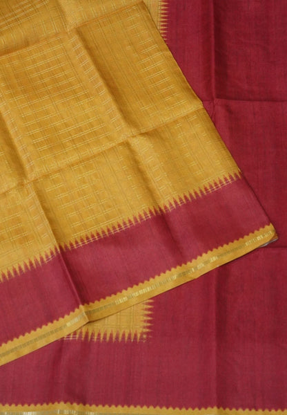 Semi Matka Tussar Saree-Yellow with Contrast Border and Zari Checks