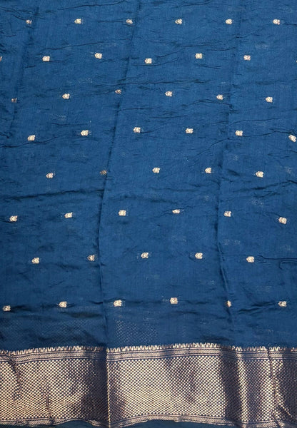 Banarasi Bandeji Saree-Peacock Blue in Horizontal Stripe Zari Border