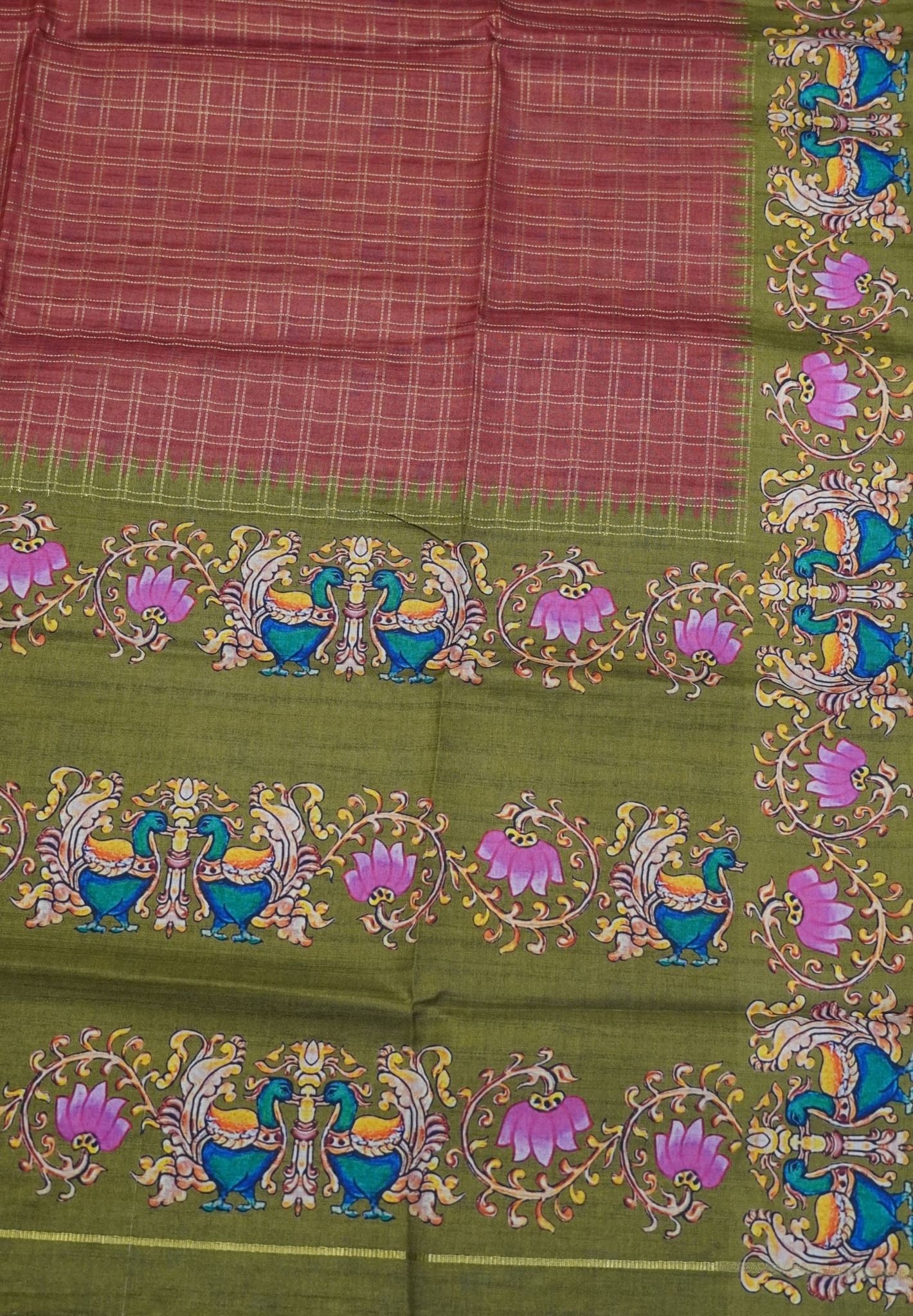 Premium Matka Tussar Saree-Maroon with Contrast Border in Tanjore Print