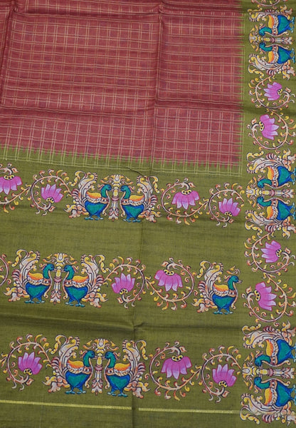 Premium Matka Tussar Saree-Maroon with Contrast Border in Tanjore Print