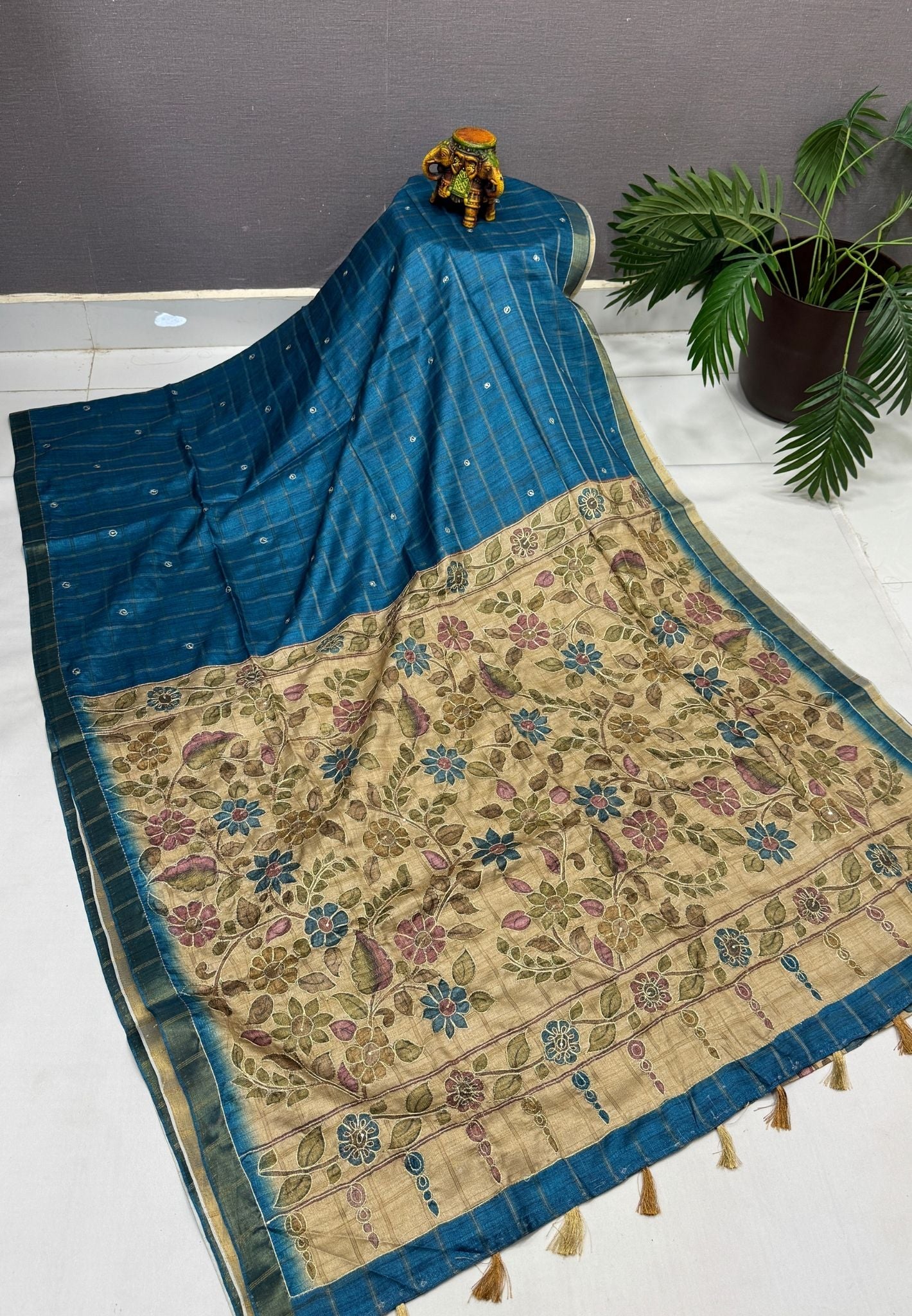 Semi Tussar Saree-Blue In Floral Kalamkari with Hanging Motif Border