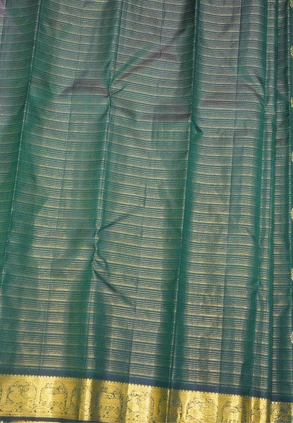 Pure Kanchipuram Silk Saree-Bottle Green Vairaoosi with Peacock Butta and Border