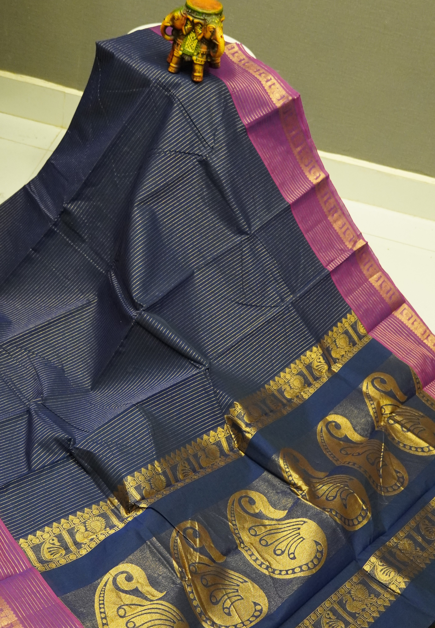 Chettinadu Cotton Saree-Navy Blue in Vairaoosi Pattern