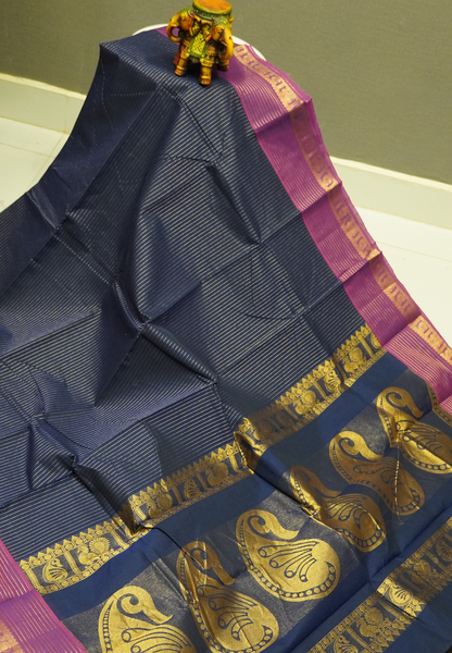 Chettinadu Cotton Saree-Navy Blue in Vairaoosi Pattern