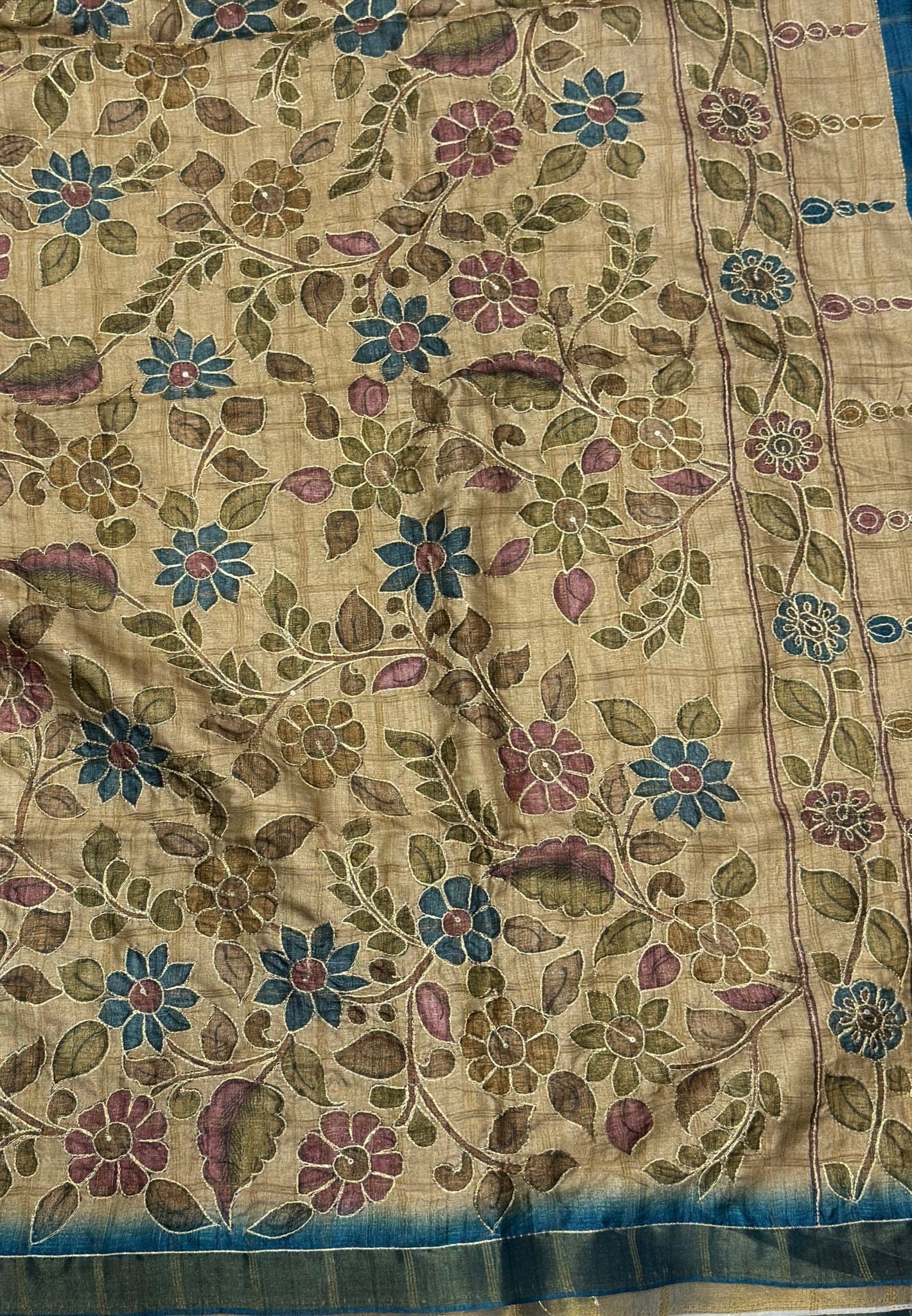 Semi Tussar Saree-Blue In Floral Kalamkari with Hanging Motif Border