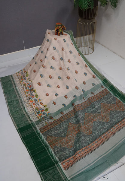 Pure Cotton Saree-Cream with Dark Green in Lotus Breeze