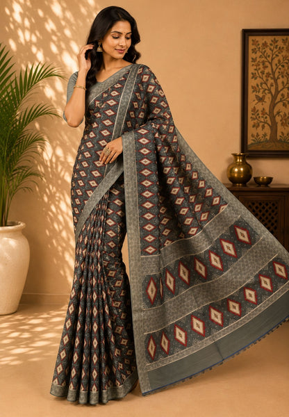 Pure Tussar Saree-Metalllic Green in Diamond Pattern