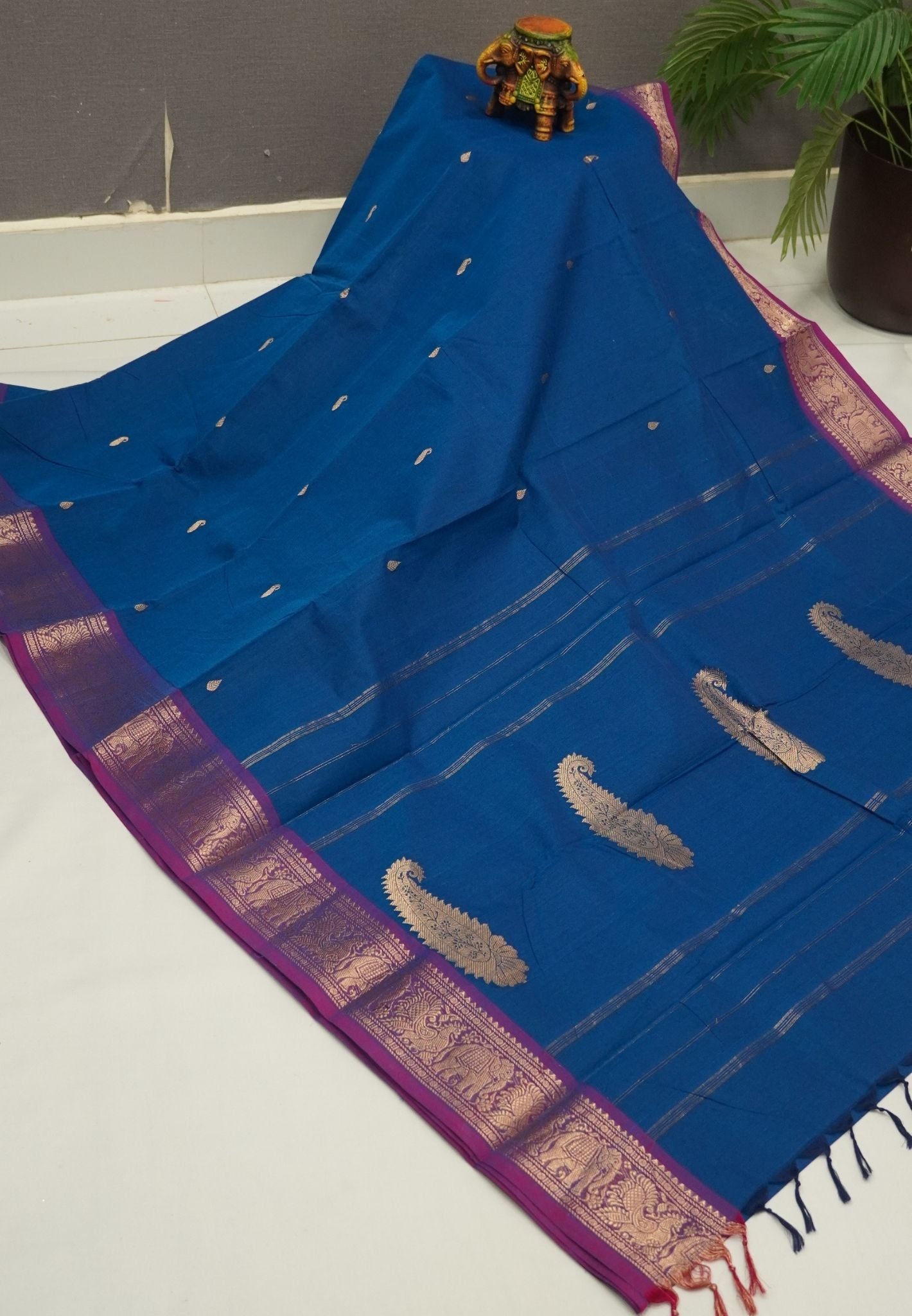 Chettinadu Cotton Saree-Electric Blue with Contrast Gaja Border