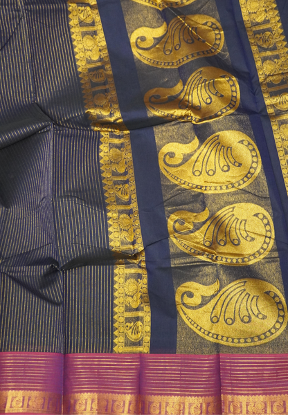 Chettinadu Cotton Saree-Navy Blue in Vairaoosi Pattern