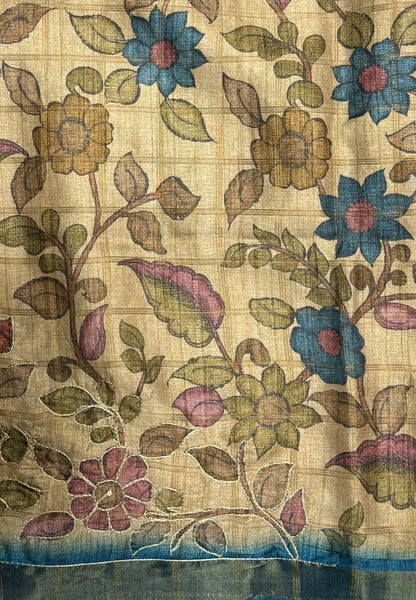 Semi Tussar Saree-Blue In Floral Kalamkari with Hanging Motif Border