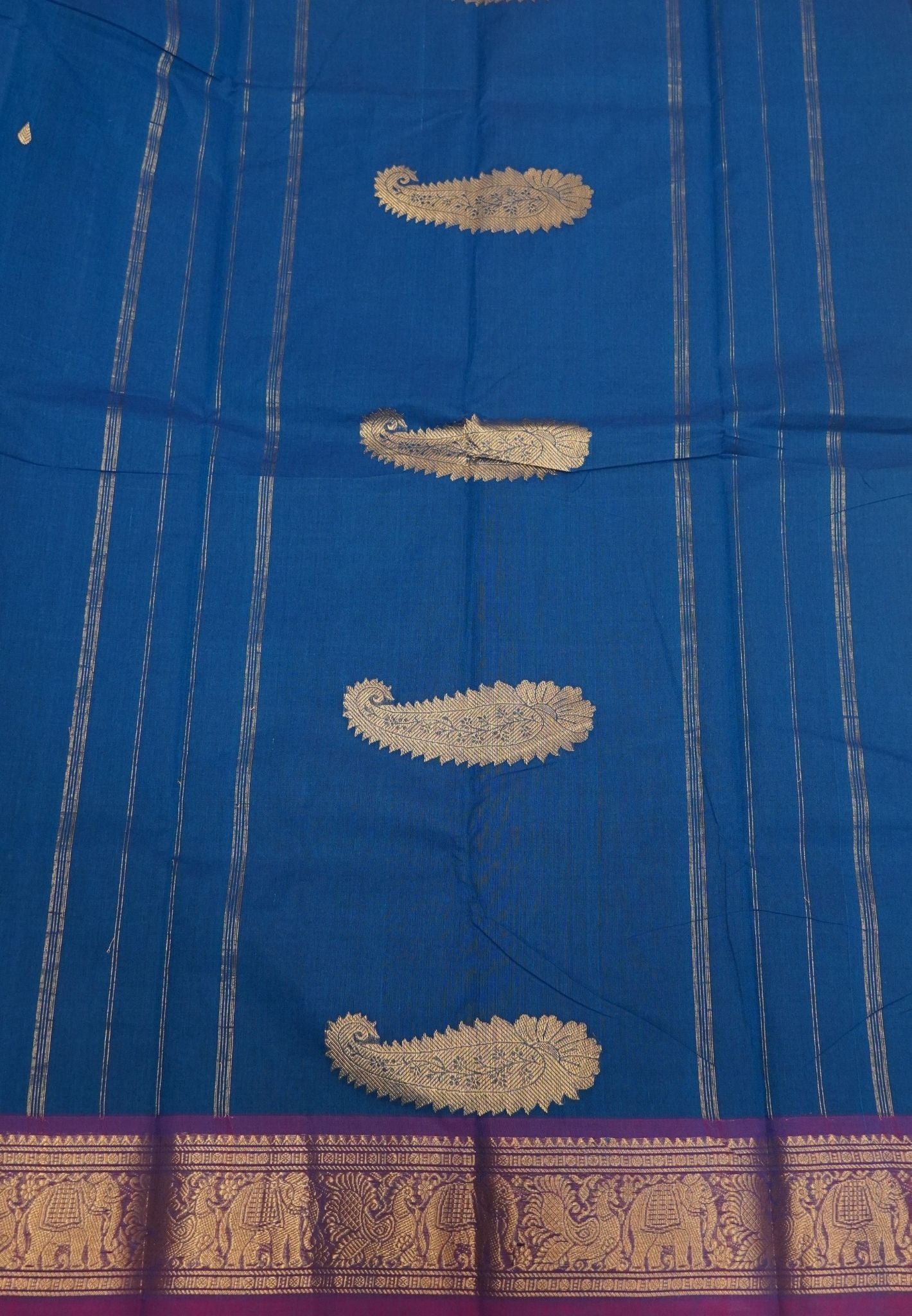 Chettinadu Cotton Saree-Electric Blue with Contrast Gaja Border
