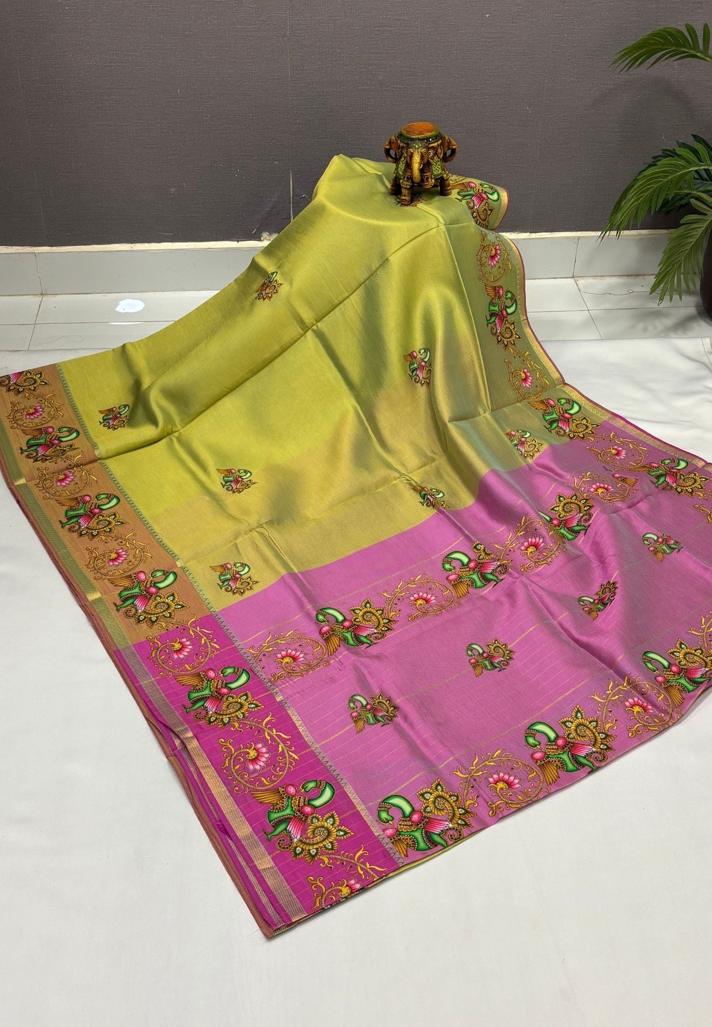 Pure Mangalgiri Silk Saree-Light Green Temple with Tanjore Print