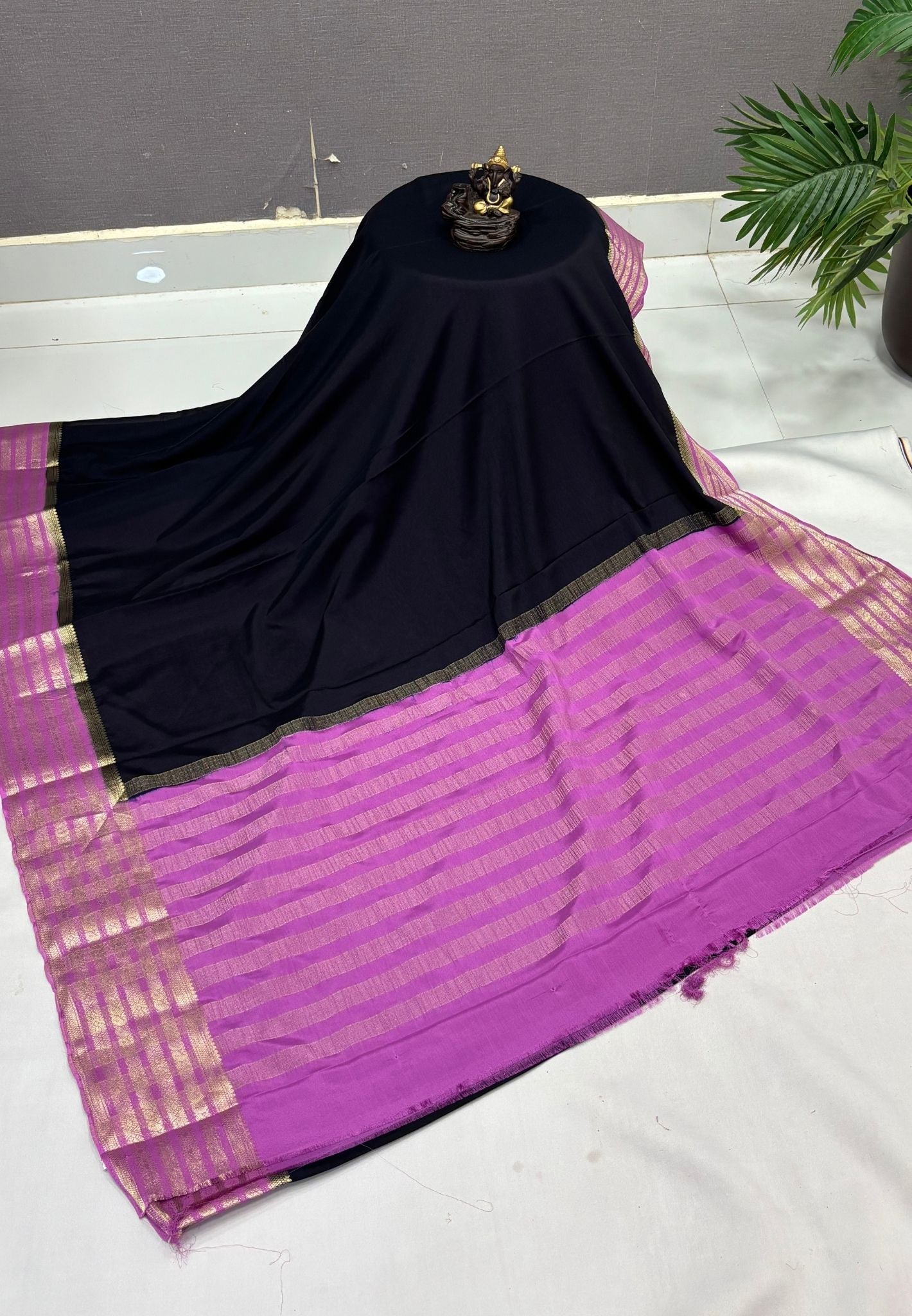 Mysore Crepe Silk Saree-Black With Contrast Border