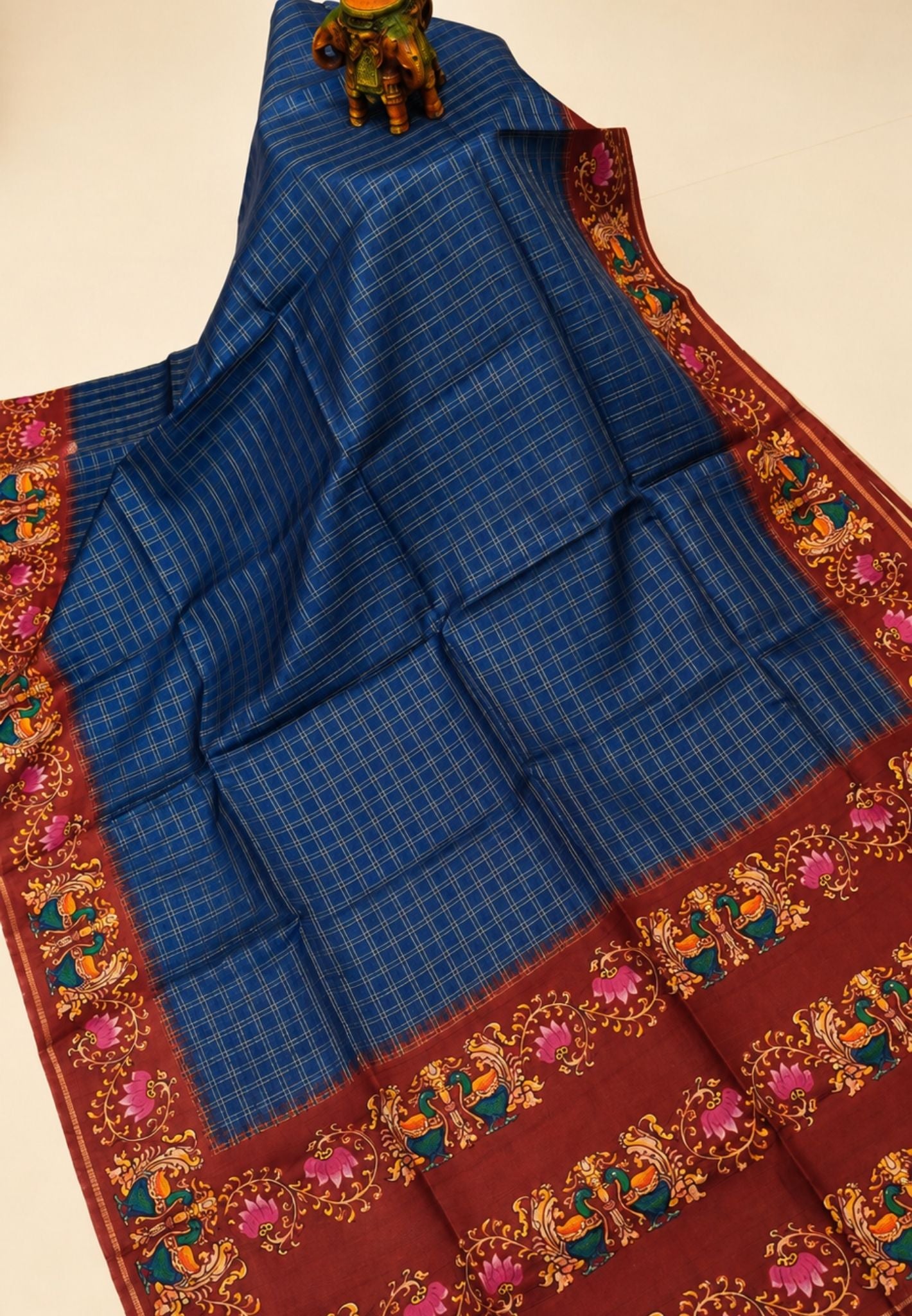 Premium Matka Tussar Saree-Blue with Contrast Border in Tanjore Print
