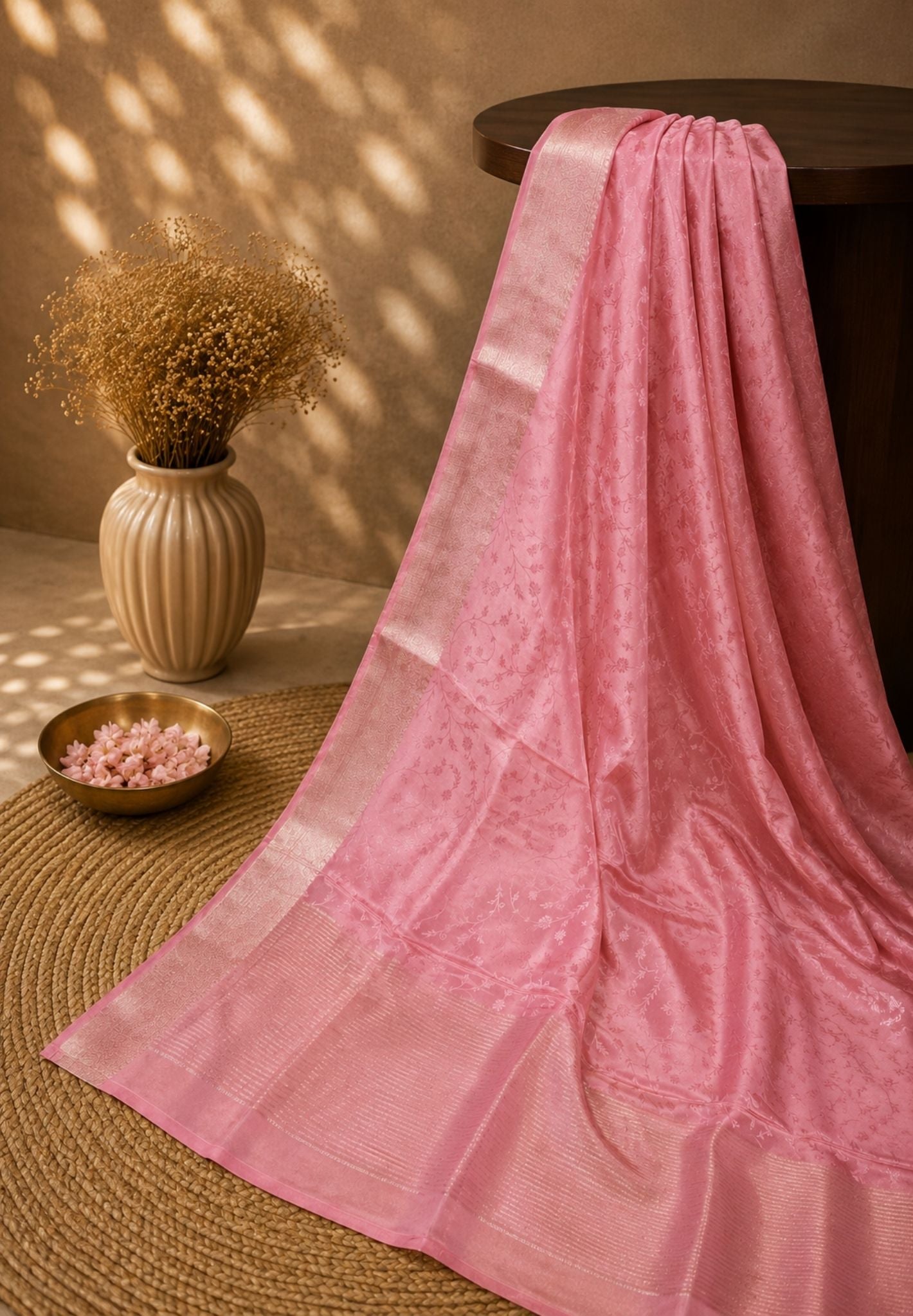 Crepe Silk Saree-Pink with Mini Floral Self Embossing