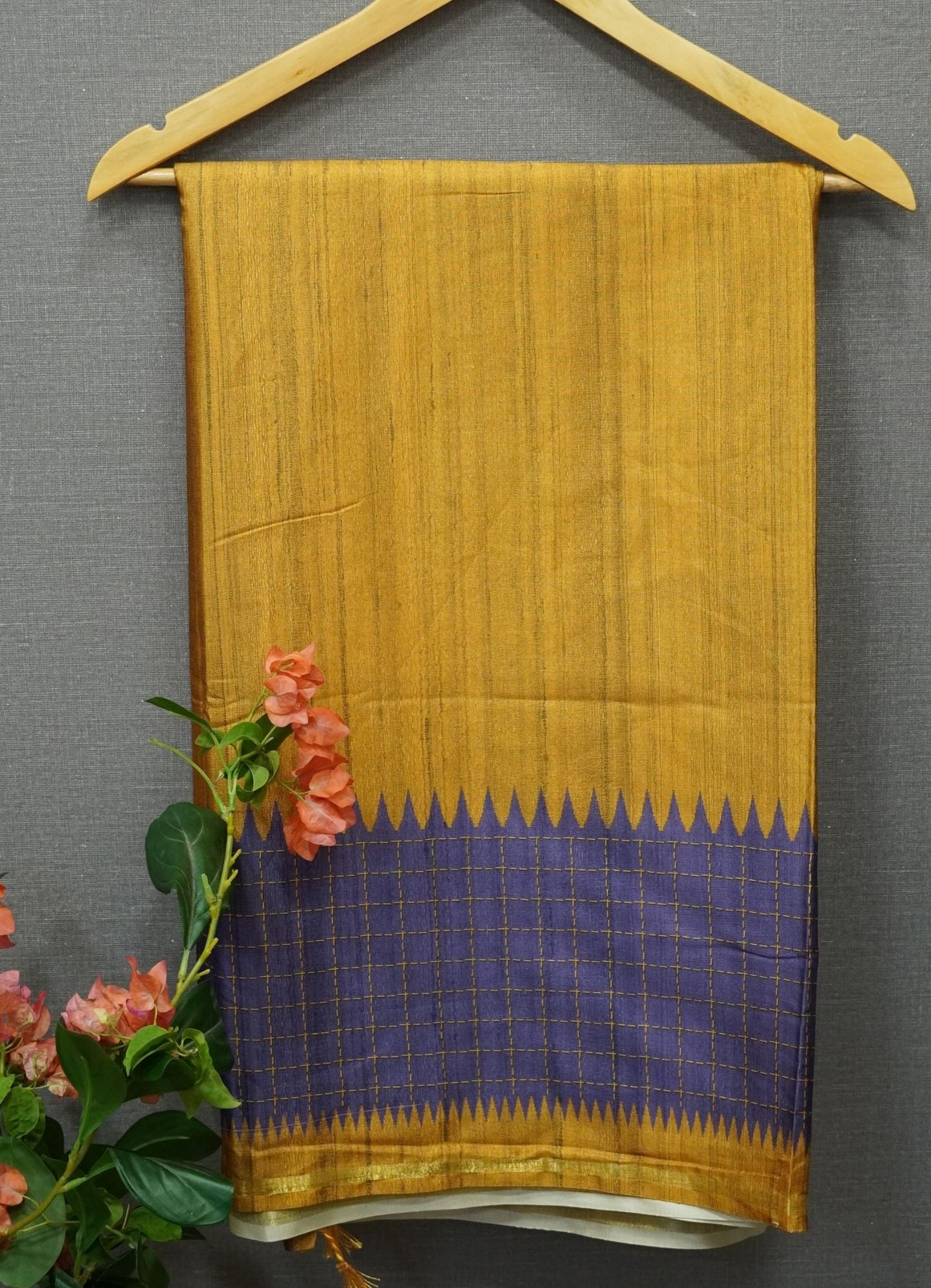 Semi Tussar Saree – mustard & Voilet Checks Design