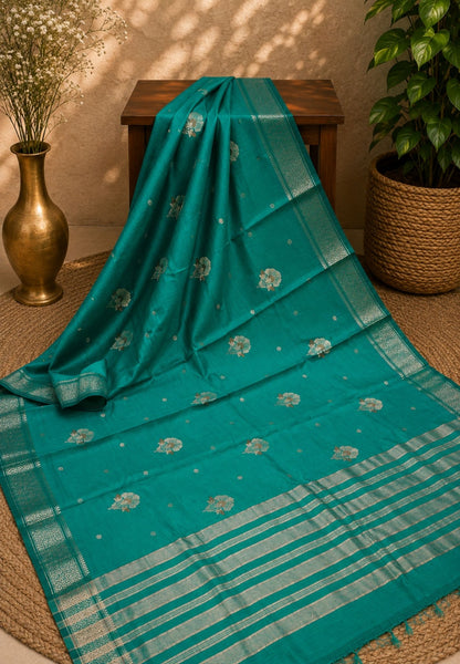Semi Tussar Saree-Green with Floral Zari Motif